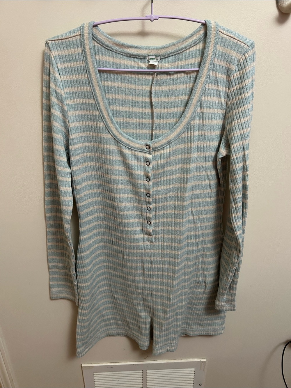 aerie Blue & Cream Striped Ribbed Henley Long Sleeve Romper